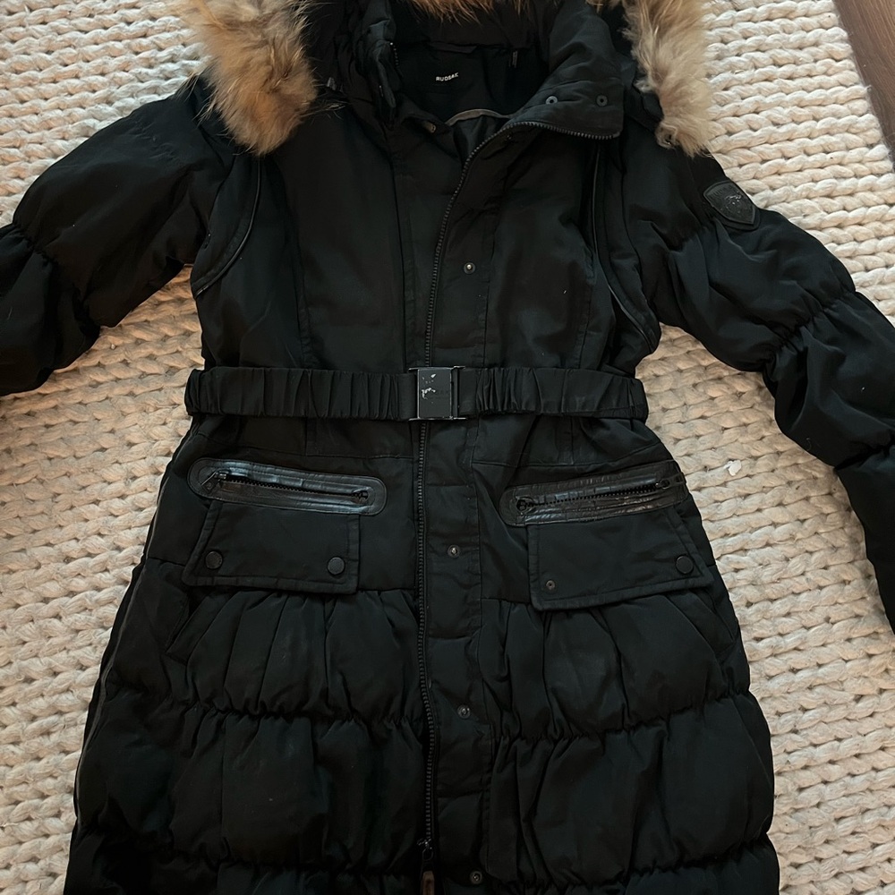 Women's Black Puffer Jacket with Fur Trim